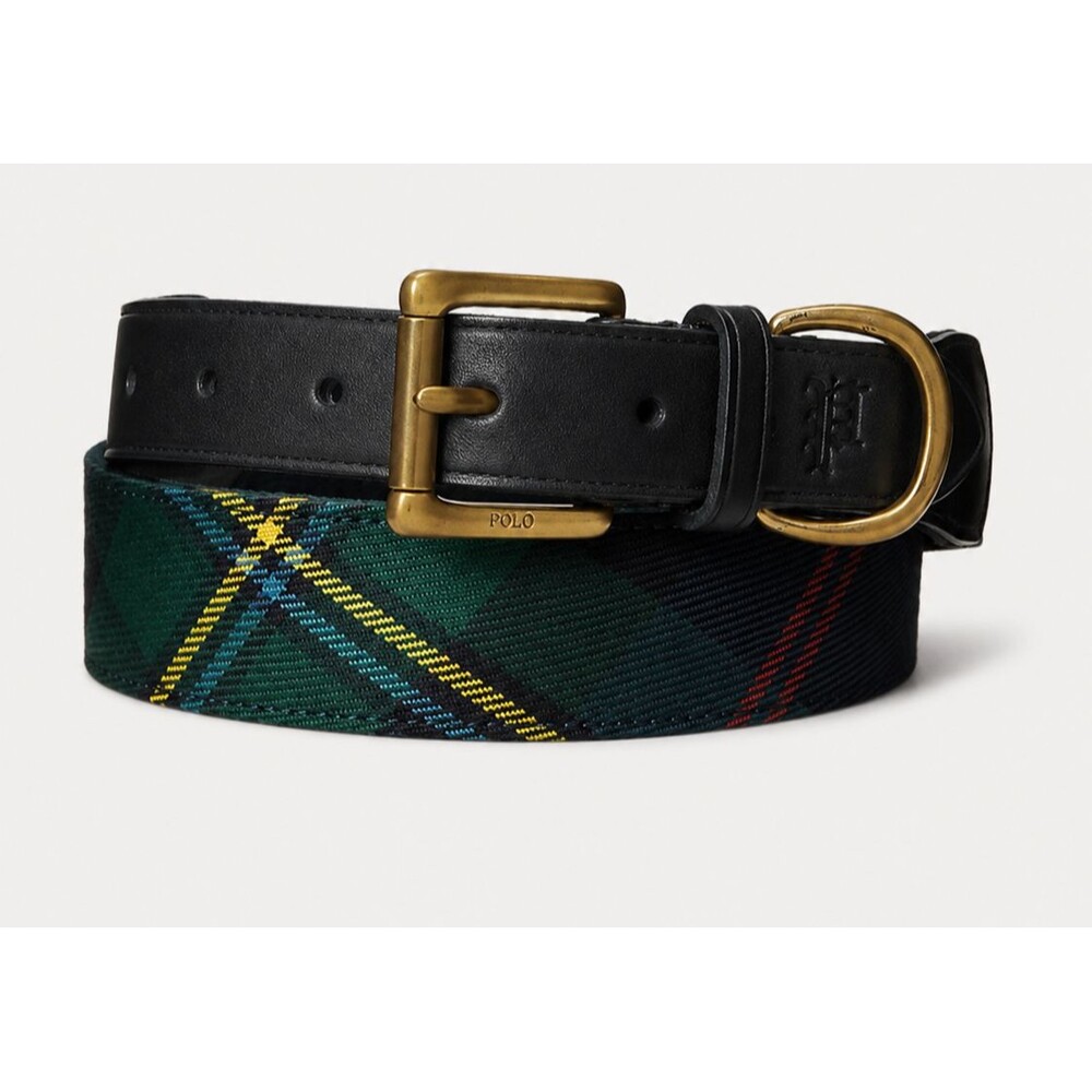 Men's Polo Ralph Lauren Leather-Trim Tartan Plaid Belt Size 36
